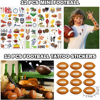 122 Pcs Football Party Favors Drawstring Bags Football Goodie Bag with Mini Ball, Wristband, Slap bracelets, Keychains, Stickers,Tattoo Stickers for Football Themed Party Supplies