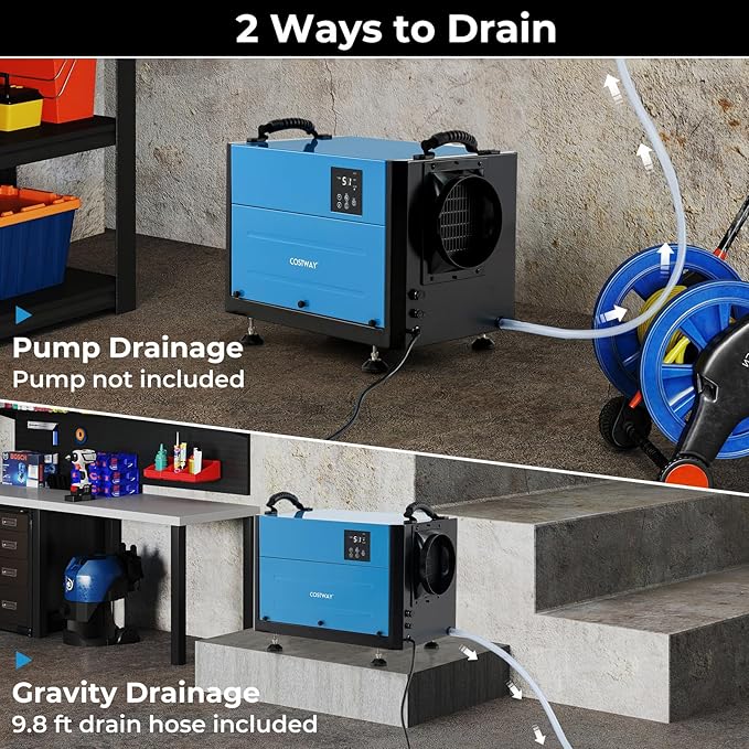 COSTWAY 124 PPD Commercial Dehumidifier, 1300 Sq.Ft Crawl Space Dehumidifier with 9.8 FT Drain Hose & Wired Remote Control Panel, Ideal for Basement, Warehouse, Job Site (Blue)