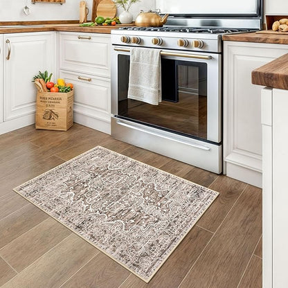 KUTA Vintage Floral Rugs 2x3 Washable Entryway Small Area Rug Non-Slip Ultra Soft Brown Doormat Indoor Printed Retro Distressed Accent Kitchen Throw for Entrance Bedroom