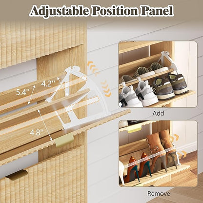 Shoe Cabinet Storage for Entryway with 2 Flip Drawers, Fluted Narrow Shoe Organizer with Wooden Legs, Freestanding Slim Shoe Storage Hidden Shoe Rack Organizer for Front Door Entrance, Oak