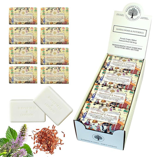 Wavertree & London Sandalwood & Patchouli Scented Natural Soap Bars (Pack of 8), 7oz Moisturizing French Triple Milled Soap Bars enriched with shea butter, Plant Based Safe for All Skin Types