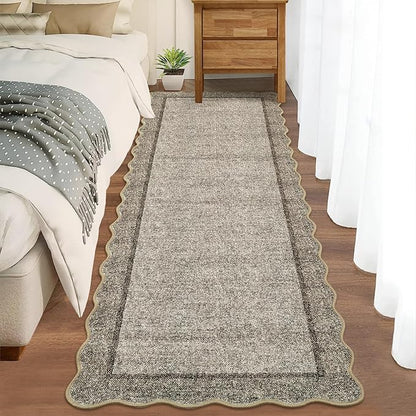 GarveeHome Scalloped Washable Runner Rug 2x10 Runner Modern Kitchen Runner Rug Non Slip Farmhouse Entryway Rug Soft Bathroom Rugs Stain Resistant Carpet for Laundry Bedroom 2 ft x10 ft Brown