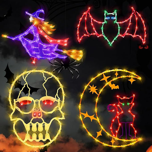 Halloween Decorations - 16" Halloween Window Silhouette Lights - 4 Pack Colour Lighted Cat on Moon & Skull Head & Bat & Witch for Holiday Indoor and Outdoor Wall Door Window Decorate