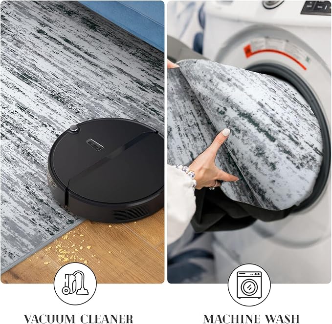 Modern Abstract Runner Rug 2.6x16, Black Grey White Washable Long Kitchen Runner Non-Slip Soft Hallway Rug Runner Thin Print Faux Wool Carpet for Entryway Bedroom Laundry Room Indoor Home Decor