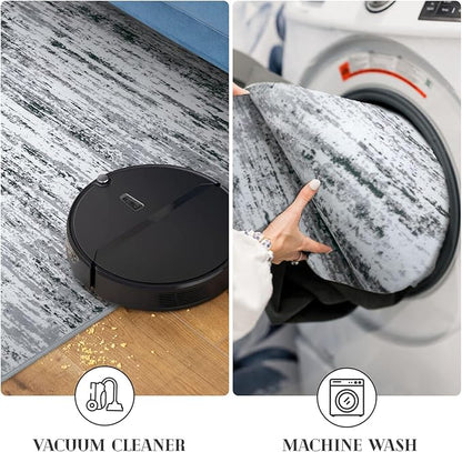 Modern Abstract Runner Rug 2.6x18, Black Grey White Washable Long Kitchen Runner Non-Slip Soft Hallway Rug Runner Thin Print Faux Wool Carpet for Entryway Bedroom Laundry Room Indoor Home Decor