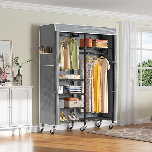 VIPEK R4C Rolling Garment Rack 6 Tiers Adjustable Heavy Duty Wire Shelving Portable Clothes Rack with Lockable Wheels, Black Metal Clothing Rack with Grey Upgraded Polyester Cover, Max Load 620lbs