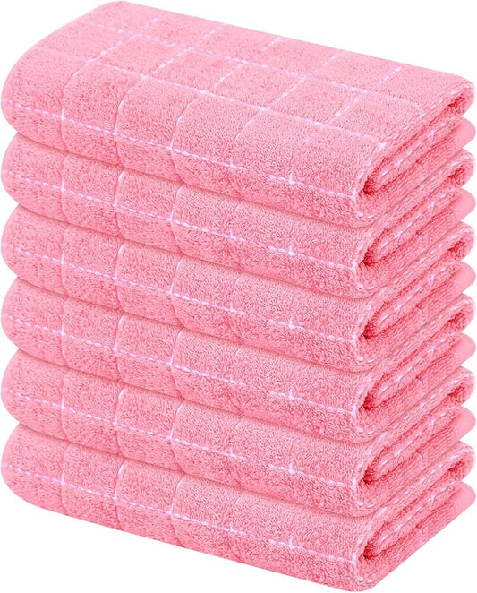 Mordimy 100% Cotton Terry Cloth Kitchen Towels, Super Soft and Absorbent Dish Towels for Drying, Checkered Designed Hand Towels for Kitchen, 16 x 26 Inches, 6 Pack, Pink