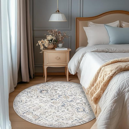 jinchan Round Rug 5ft Area Rug Washable Vintage Indoor Retro Accent Entryway Floor Cover Distressed Floral 5' Round Circle Boho Non Slip Thin Carpet for Kitchen Bedroom Living Room Dining Room Blue