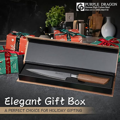 Purple Dragon Kitchen Utility Knife 5.1 Inch, Vg10 Steel Ultra Sharp Blade, Small Kitchen Fruit Paring Knife with Ergonomic Wooden Handle, Gift Box