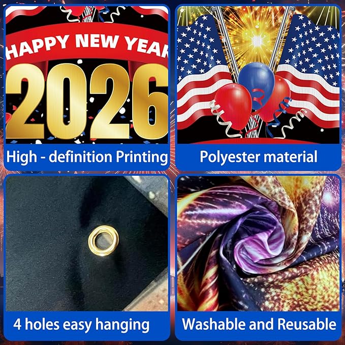 Happy New Year Banner 2026 72x44 Inch Illuminated Firework Design New Years Eve Party Decorations Holiday Celebration Banner Props Backdrop