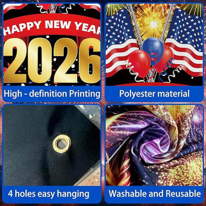 Happy New Year Banner 2026 72x44 Inch Illuminated Firework Design New Years Eve Party Decorations Holiday Celebration Banner Props Backdrop