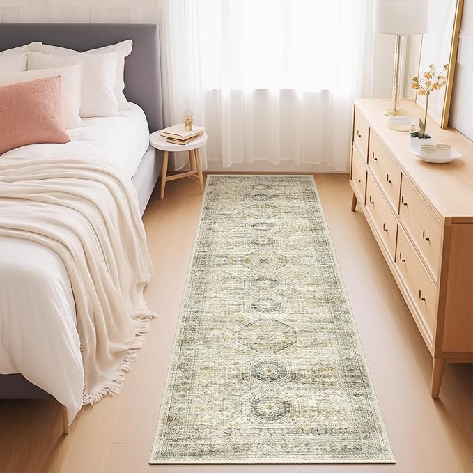 Rug Runners for Hallways Non Slip - 2x8 Runner Rug for Bedroom, Washable Runner with Rubber Backing, Soft Low-Pile Carpet for Kitchen, Laundry, Bathroom (2'x8', Grey/Yellow)