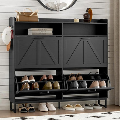 Shoe Cabinet with 4 Flip Drawers Narrow Shoe Storage Cabinet Organizer Wooden Freestanding Shoe Rack Hidden Slim Shoes Storage Cabinet for Entryway, Hallway, Living Room, Bedroom