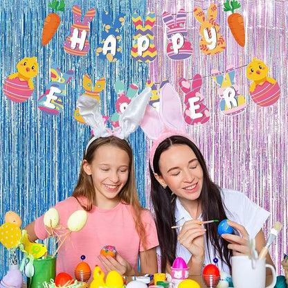 BRAVESHINE Pink Blue Tinsel Foil Fringe Curtains - 2Pcs 3.2x8.2ft Holidays Photo Streamers Backdrop for Christmas/Mermaid/Princess/Easter/Girl or Boy Birthdays/Bridal Shower Party Supplies Decorations