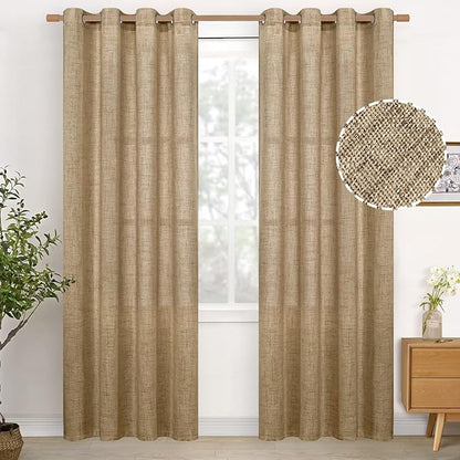 YoungsTex Burlap Linen Curtains 84 Inch Length for Living Room, Textured Tan Semi Sheer Drapes with Bronze Grommet Light Filtering for Farmhouse Bedroom, Toffee, 2 Panels, 52 X 84 Inch