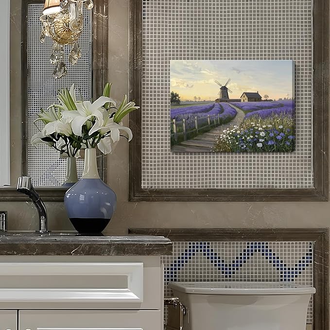 amatop Purple Canvas Wall Art for Bathroom Bedroom Farmhouse Lavender Floral Art Print Countryside Landscape Picture Daisy Flowers Small Nature Scenic Rustic Artwork Entryway Hallway 16x12 In