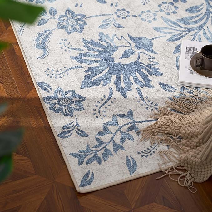 jinchan 2x3 Washable Rugs for Entryway, Vintage-Inspired Floral Design Non-Slip Low-Pile Doormat, Ultra-Thin Indoor Traditional Accent Carpet for Entrance Kitchen Bathroom Bedroom, Dark Blue