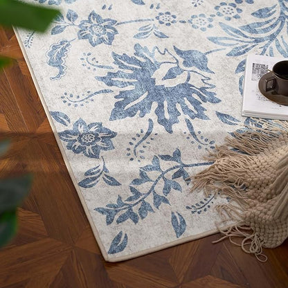 jinchan Floral 8x10 Area Rugs, Vintage-Inspired Design Accent Living Room Rug, Machine Washable Ultra-Thin Low-Pile Non-Slip Traditional Carpet for Bedroom Dining Room Home Office, Dark Blue