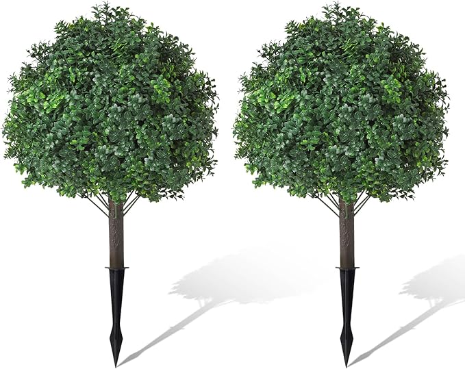 Boxwood Topiary Balls Artificial Outdoor Set of 2,UV Resistant with Spike Faux Plants for Garden,Indoor, Porch,Yard, Balcony Decor