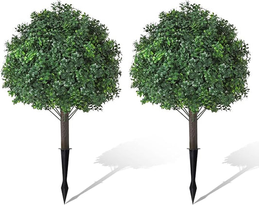 Boxwood Topiary Balls Artificial Outdoor Set of 2,UV Resistant with Spike Faux Plants for Garden,Indoor, Porch,Yard, Balcony Decor