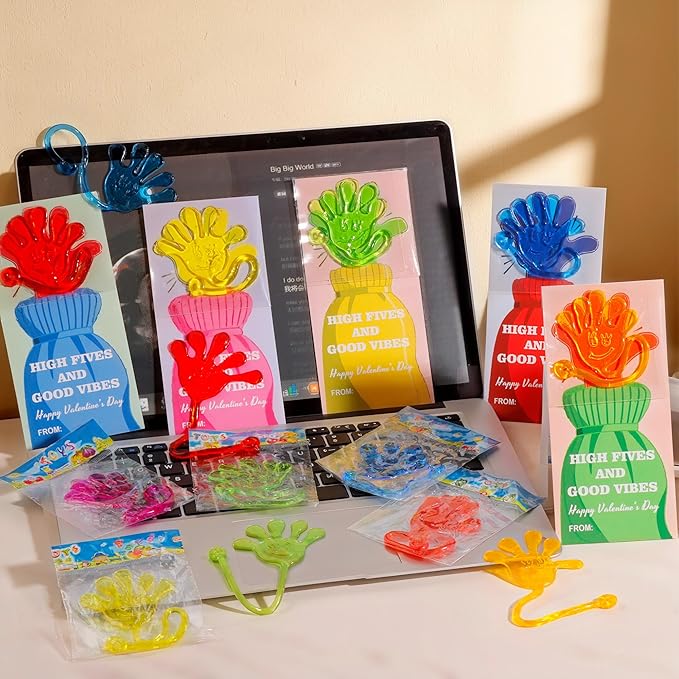 AYGXU valentines gifts for kids classroom-30pcs sticky hands for kids with cards bulk,party favors,slappy hands sticky,valentine exchange gift,goodie bags stuffers