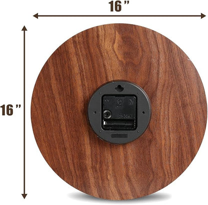 Plumeet Extra Large Wall Clock, 16'' Frameless Wooden Wall Clocks with Silent Quartz Movement, Rustic Country Village Walnut Clocks Decorative for Kitchen Bedroom Living Room, Brown