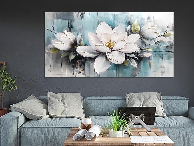 Ardemy Magnolia Wall Art for Living Room, Extra Large White Floral Canvas Wall Art Bedroom Painting Pictures Wall Decor Teal Flower Artwork for Walls Home Office Dining Room, 40"x20"