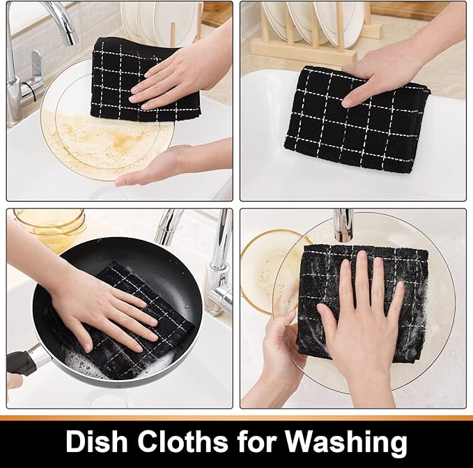 Mordimy 100% Cotton Terry Cloth Dish Cloths, Soft and Absorbent Checkered Dish Towels, Quick Drying Dish Rags for Washing Dishes, 6 Pack, 12 x 12 Inches, Black