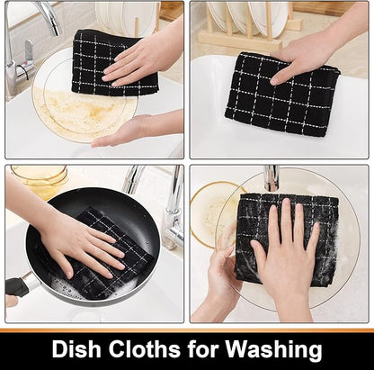 Mordimy 100% Cotton Terry Cloth Dish Cloths, Soft and Absorbent Checkered Dish Towels, Quick Drying Dish Rags for Washing Dishes, 6 Pack, 12 x 12 Inches, Black