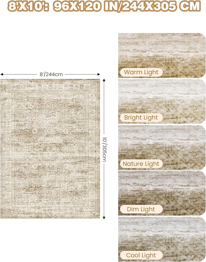 8x10 Area Rugs for Living Room, Non-Slip Backing Large Washable Rug for Nursery Room, Vintage Abstract Bedroom Rugs, Thin Indoor Home Decor Soft Farmhouse Rug (8'x10', Brown/Ivory