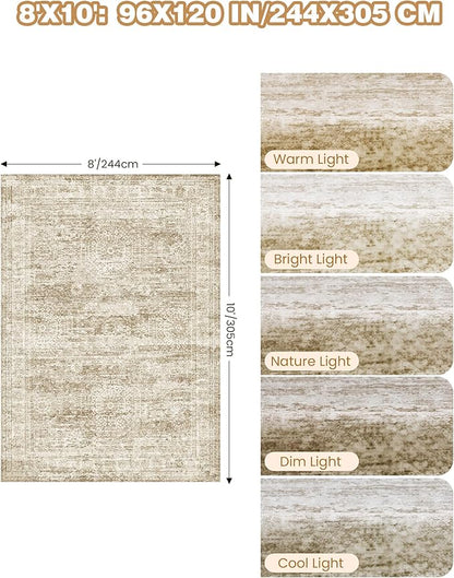8x10 Area Rugs for Living Room, Non-Slip Backing Large Washable Rug for Nursery Room, Vintage Abstract Bedroom Rugs, Thin Indoor Home Decor Soft Farmhouse Rug (8'x10', Brown/Ivory