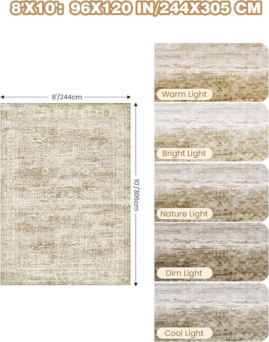 8x10 Area Rugs for Living Room, Non-Slip Backing Large Washable Rug for Nursery Room, Vintage Abstract Bedroom Rugs, Thin Indoor Home Decor Soft Farmhouse Rug (8'x10', Brown/Ivory