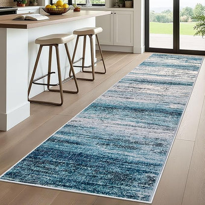 KOZYFLY Runner Rug 3x10 Modern Ombre Runners for Hallways, Washable Rugs for Bedroom Non-Slip Soft Stain Resistant Striped, Print Blue Abstract Carpet for Living/Laundry/Kid Room