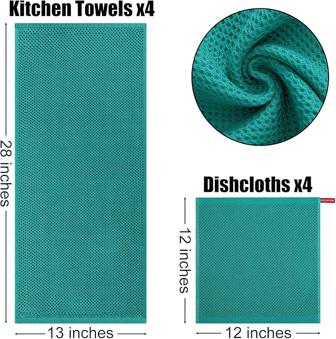 Kitinjoy 100% Cotton Kitchen Towels and Dishcloths Set, 8 Pack Waffle Weave Dish Towels Ultra Soft Absorbent Quick Drying Dish Rags, 13 x 28 Inch and 12 X 12 Inch, Teal