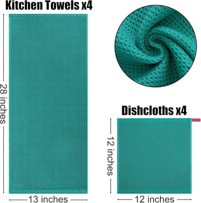 Kitinjoy 100% Cotton Kitchen Towels and Dishcloths Set, 8 Pack Waffle Weave Dish Towels Ultra Soft Absorbent Quick Drying Dish Rags, 13 x 28 Inch and 12 X 12 Inch, Teal