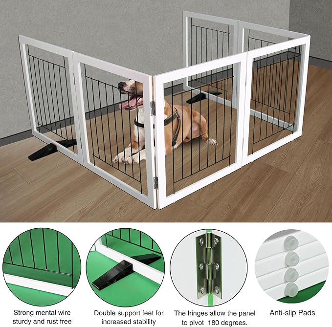 ZJSF Freestanding Dog Gate Indoor, Foldable Dog Fence for Doorways,Hallways or Stairs, Sturdy Wood Extra Wide Pet Gate with Support Feet,White,24 "Height-6 Panels