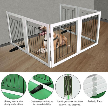 ZJSF Freestanding Dog Gate Indoor, Foldable Dog Fence for Doorways,Hallways or Stairs, Sturdy Wood Extra Wide Pet Gate with Support Feet,White,24 "Height-6 Panels