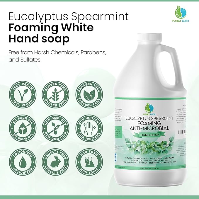 AntiMicrobial Hand Soap 64 oz - Eucalyptus Spearmint Gentle Foaming Liquid Hand Soap Refill Antibacterial - Moisturizing, Long Lasting Freshness & Safe for Skin