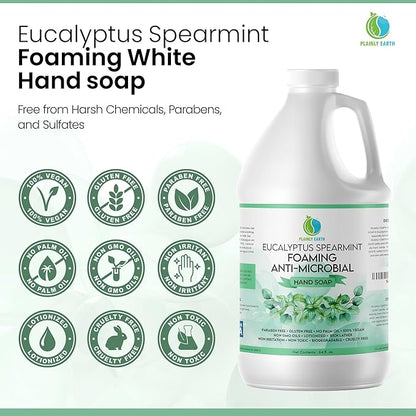 AntiMicrobial Hand Soap 64 oz - Eucalyptus Spearmint Gentle Foaming Liquid Hand Soap Refill Antibacterial - Moisturizing, Long Lasting Freshness & Safe for Skin