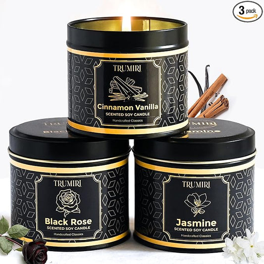 Candle Gift Set of 3 Cinnamon Vanilla|Jasmine|Black Rose Strong Scented Soy Candels Natural Non Toxic Velas Aromáticas Favors for Women Coworkers Friends Guests Also for Diwali Christmas Holidays