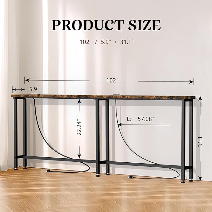 GRLEAF 102" Sofa Table with Built-in Power Strip (4 AC Outlets & 4 USB Ports) – 4.9ft Power Cord, Metal Frame, Easy Assembly, Long Couch Table Behind Sofa, Living Room and Home Office | Rustic Brown