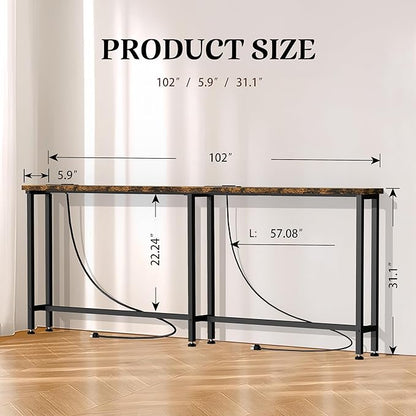 GRLEAF 102" Sofa Table with Built-in Power Strip (4 AC Outlets & 4 USB Ports) – 4.9ft Power Cord, Metal Frame, Easy Assembly, Long Couch Table Behind Sofa, Living Room and Home Office | Rustic Brown