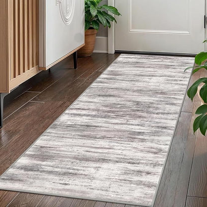 KOZYFLY Modern Abstract Washable Rug Runner 2x5 Hallway Rug Runner Non-Slip Soft Kitchen Runner Rugs, Grey-Beige Striped Carpet for Entryway Bathroom Laundry Room Foyer
