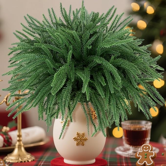 12 Pcs Artificial Pine Branches - 19 Inch Real Touch Norfolk Pine Stems - Faux Christmas Greenery Stems for Vase Centerpiece Home Indoor Outdoor Xmas Decorations