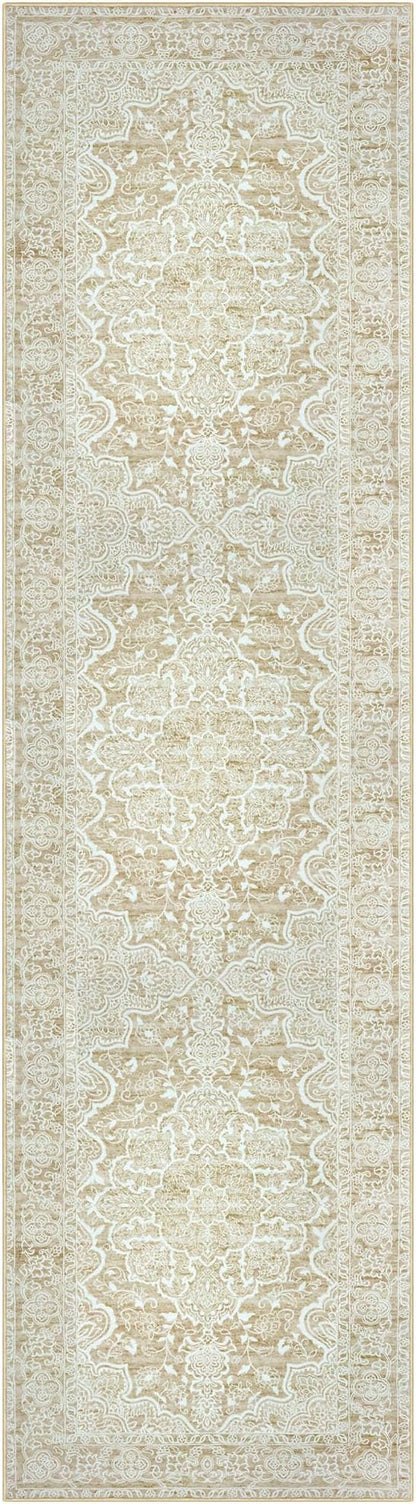 KUTA Hallways Runner Rug 2x8 Beige Yellow, Vintage Floral Kitchen Rugs Non-Slip Washable Ultra Soft Printed Retro Distressed Flower Carpet Entryway Runers for Bedroom Nursery Hallways