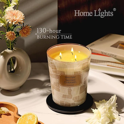 HomeLights Scented Candles | Large Jar 34 Oz Natural Soy Candle | 130 hrs Long-Lasting with 3 Wicks | Rustic Modern Home Decor | Gifts for Mom & Women, Salted Caramel