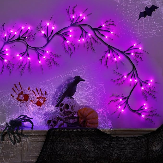 9 Ft 54 LED Halloween Willow Vine Twig Decor Garland Waterproof Battery Operated Halloween Decorations for Home Wall Mantle Fireplace Decor