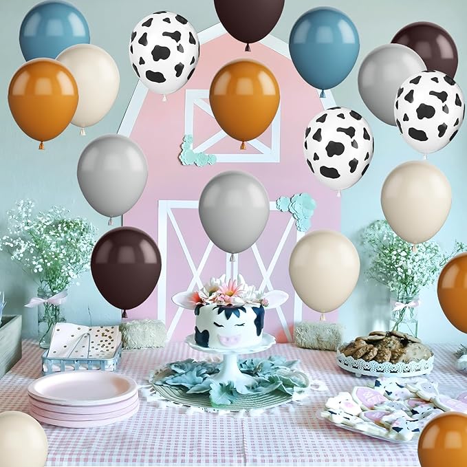 Cowboy Western Party Balloons 12 Inches 50pcs Cow Print Balloons, Coffee Brown Blue Cow Balloons for Cowboys Cowgirls Rodeo Party Birthday Baby Shower Western Farm Animals Cow Themed Party Decor