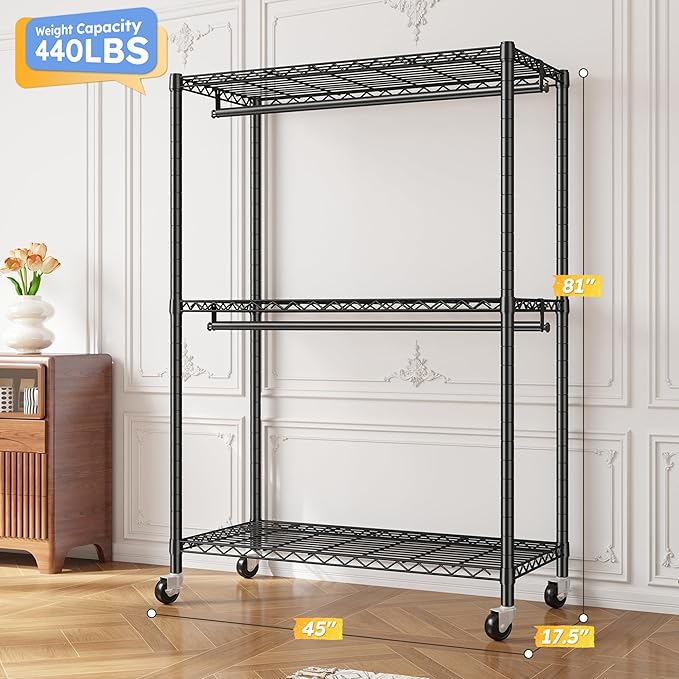 Raybee Clothes Rack, 81" H Clothing Racks for Hanging Clothes, Garment Rack with Wheels and Adjustable Feets, Max Load 440LBS, Black