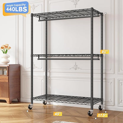 Raybee Clothes Rack, 81" H Clothing Racks for Hanging Clothes, Garment Rack with Wheels and Adjustable Feets, Max Load 440LBS, Black